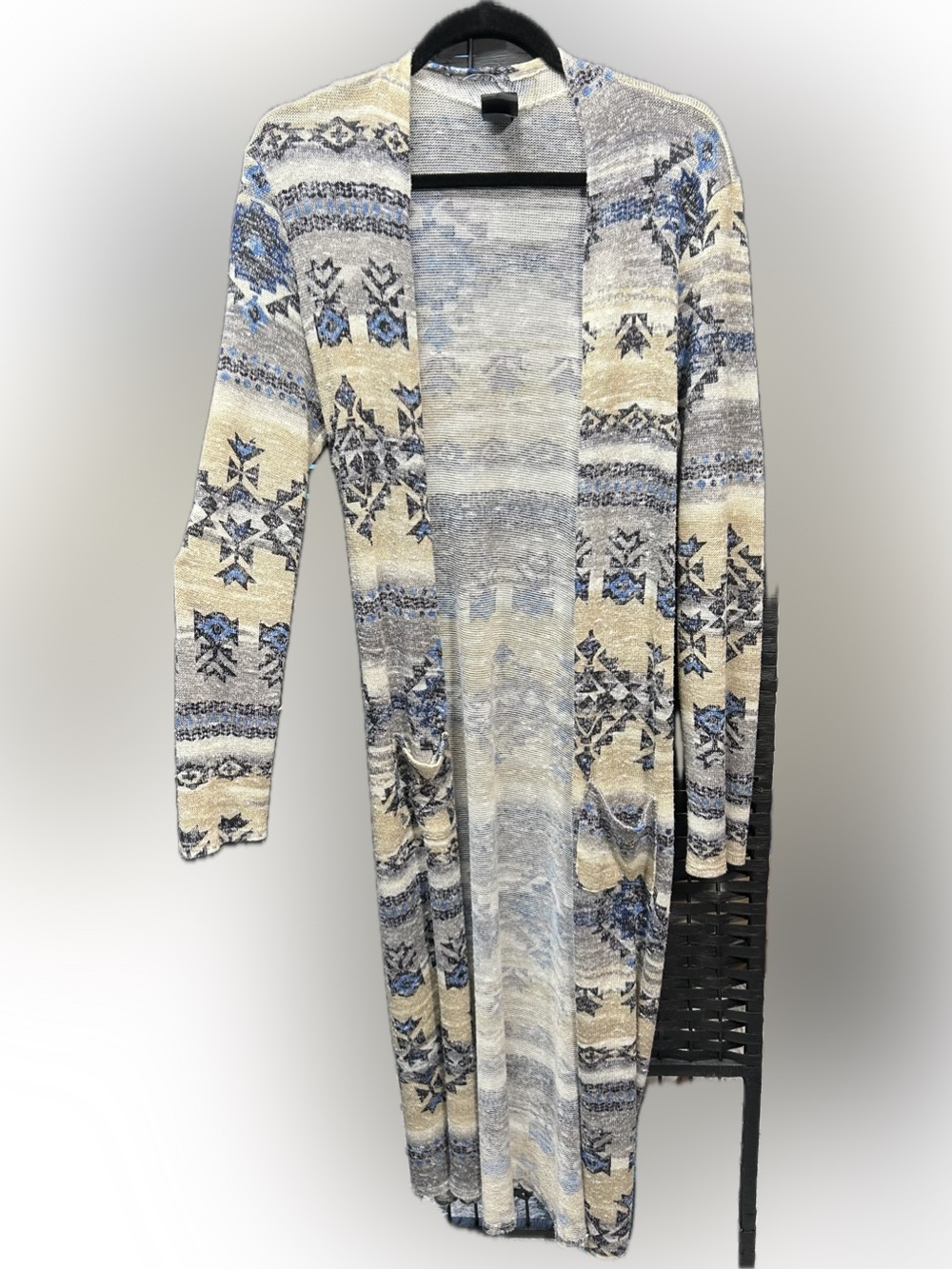 Long Open-Front Women’s Cardigan Sweater in Beige, Gray & Blue